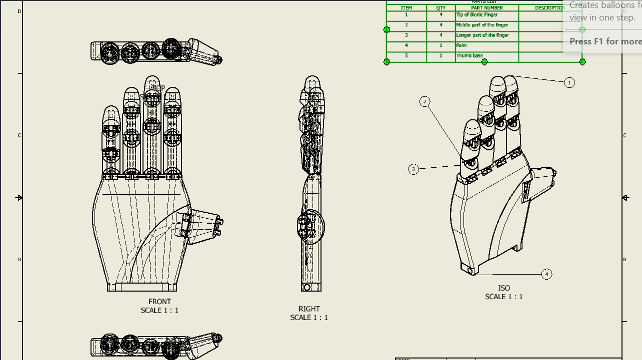 CAD drawing of the bionic arm palm-to-finger assembly