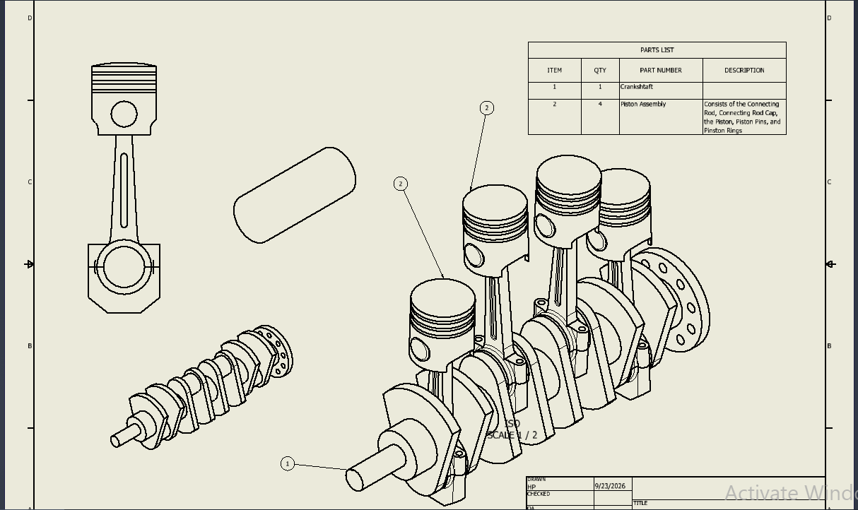 Crankshaft, pistons, connecting rods and related engine components designed in Autodesk Inventor