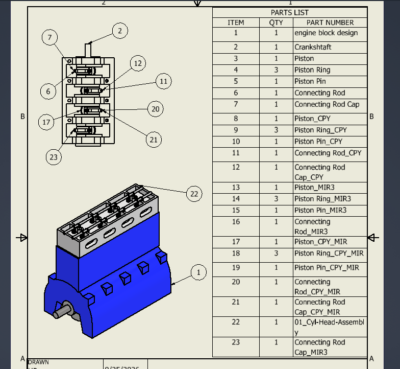Completed four-cylinder engine CAD assembly with labelled parts list