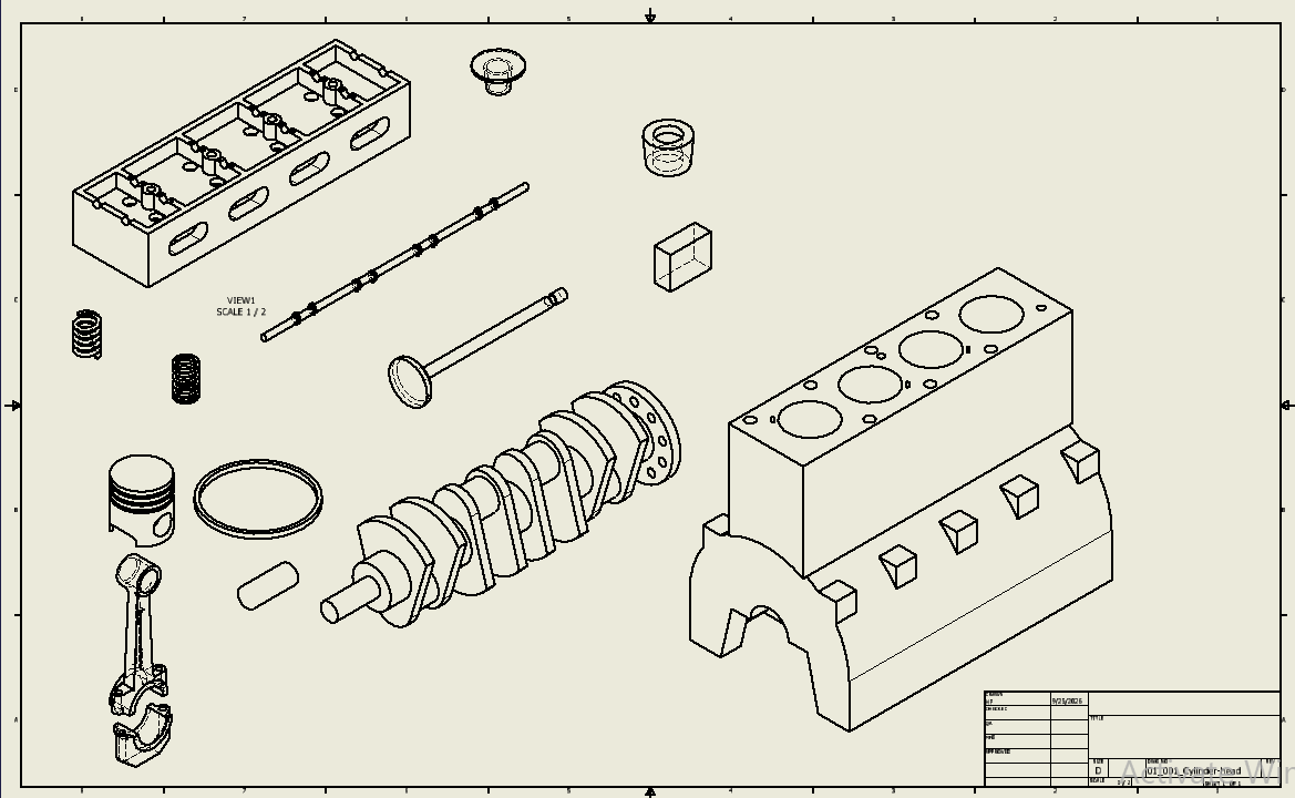 Exploded view of the four-cylinder engine assembly
