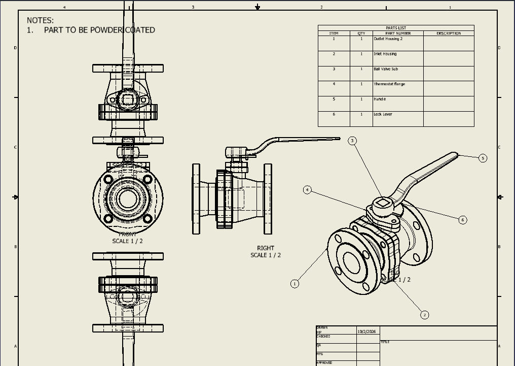 Ball valve CAD design and assembly drawing