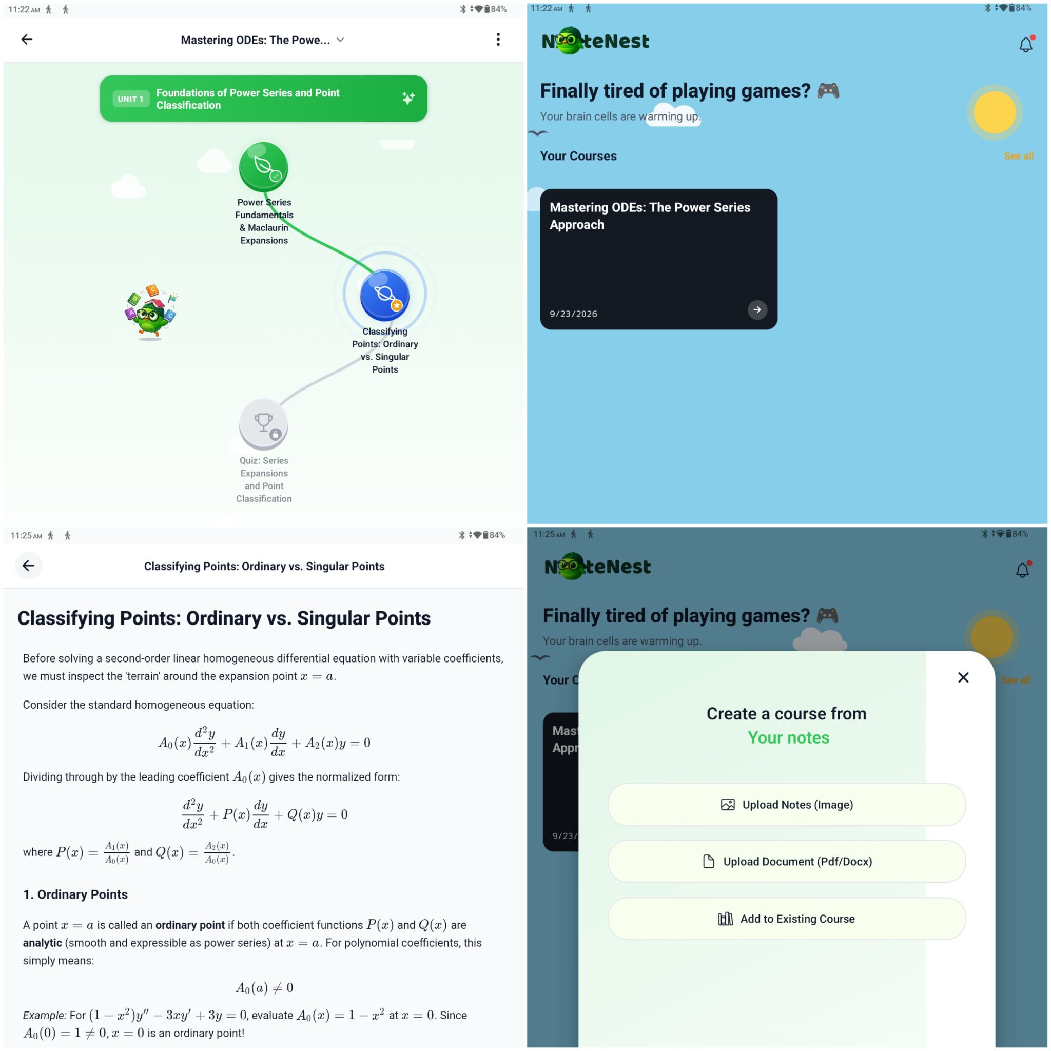 NoteNest app screens showing courses, learning content, and note uploads
